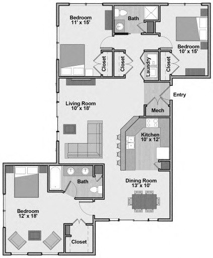 Connections at 6th - Unit Type C2 Floorplan - 3 bed/2 bath